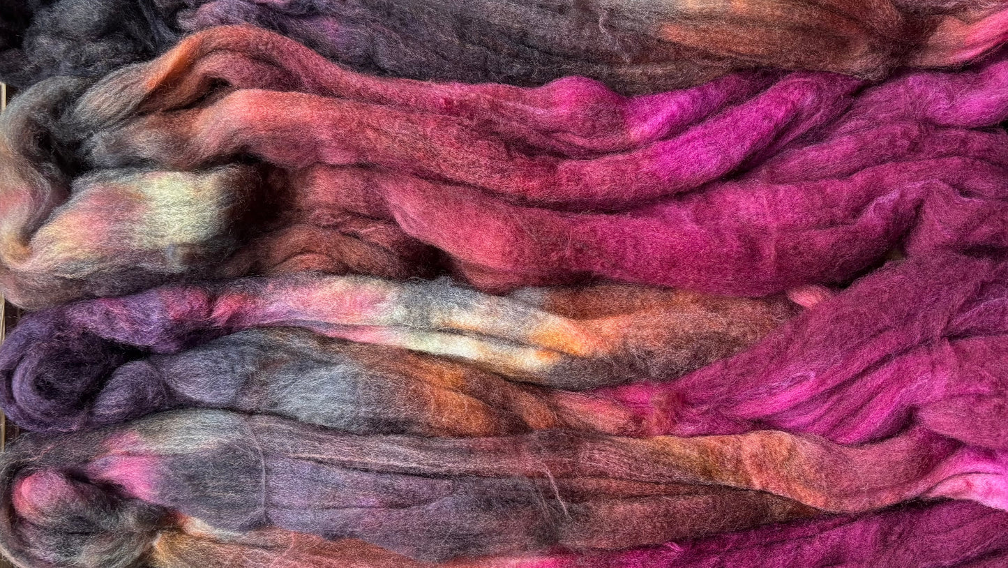 One of a Kind Batch - 100 grams of Spinning Fibre - 80% Superwash Merino Wool/ 20% Nylon - 22.5 Micron - Hand Dyed Combed Top