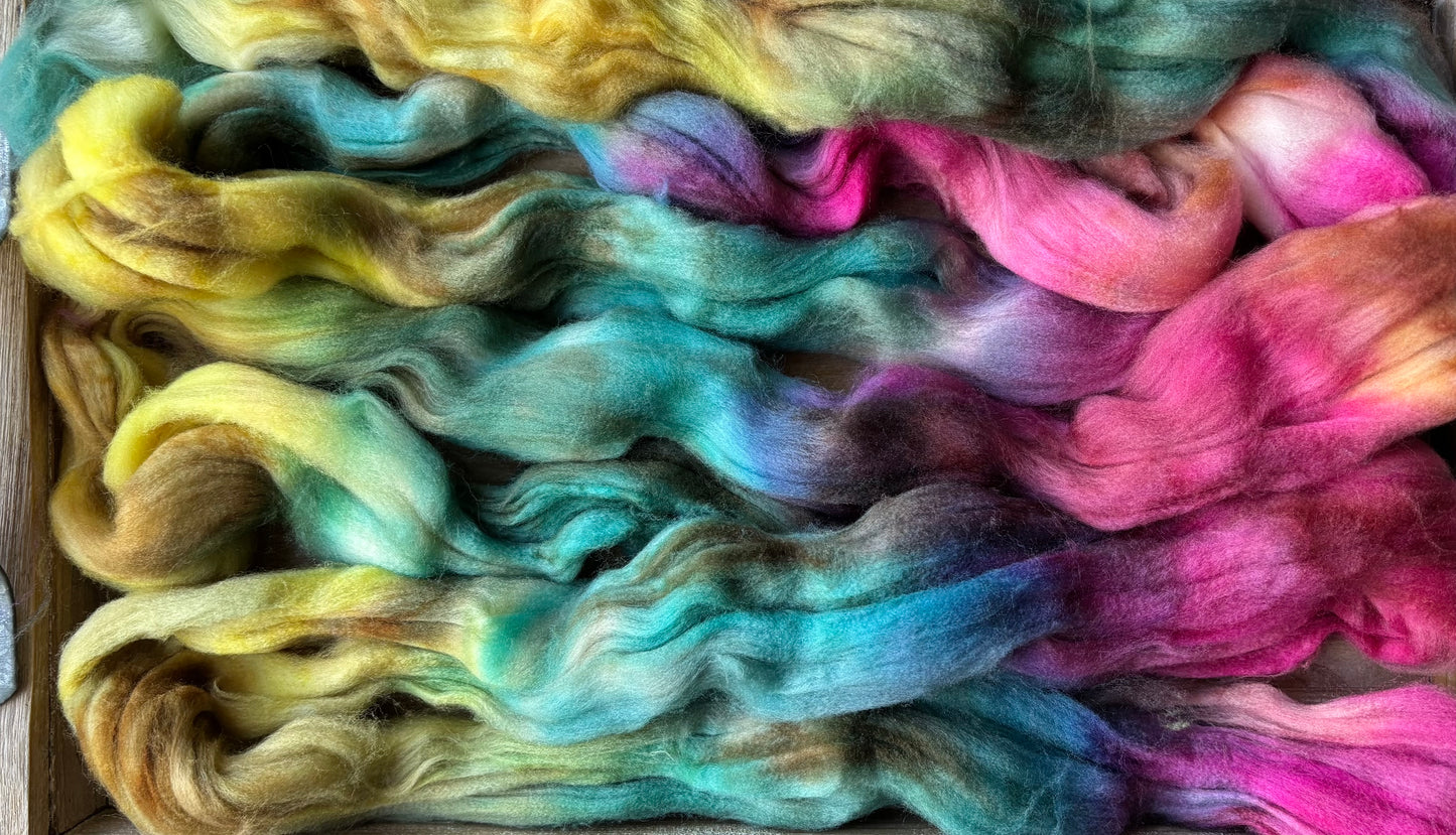 One of a Kind Batch - 100 grams of Spinning Fibre - Superwash Merino Wool 22 Micron - Hand Dyed Combed Top