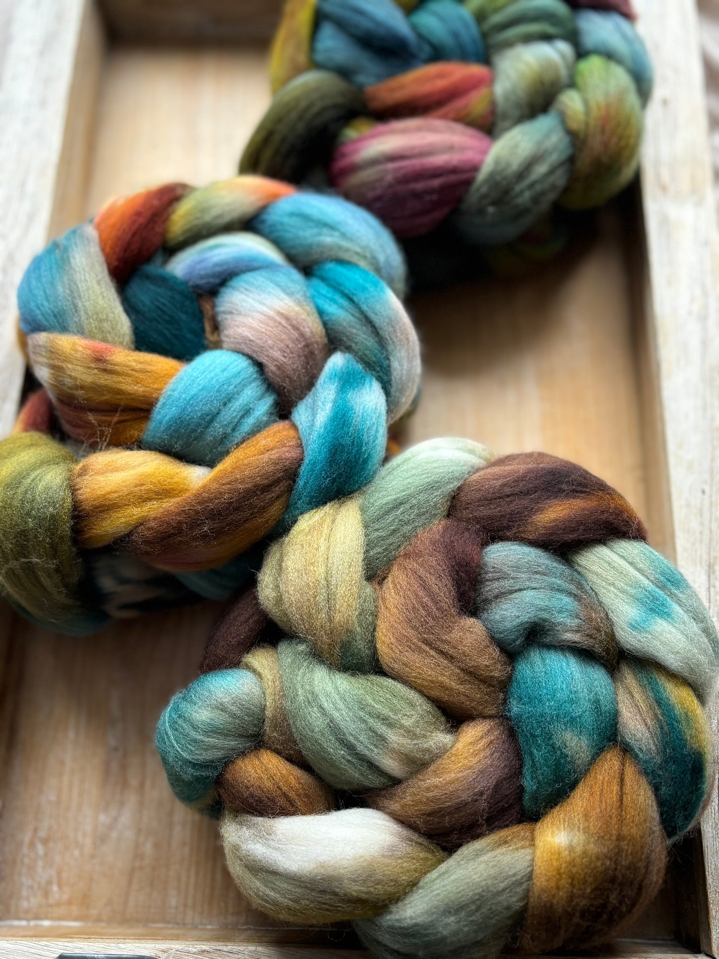 Set of 3 Braids - One of a Kind Batch - 100 grams of Spinning Fibre Each - 100% Targhee - 23 Micron - Hand Dyed Combed Top