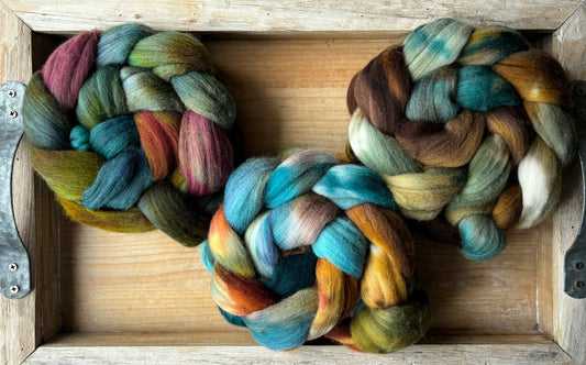 Set of 3 Braids - One of a Kind Batch - 100 grams of Spinning Fibre Each - 100% Targhee - 23 Micron - Hand Dyed Combed Top