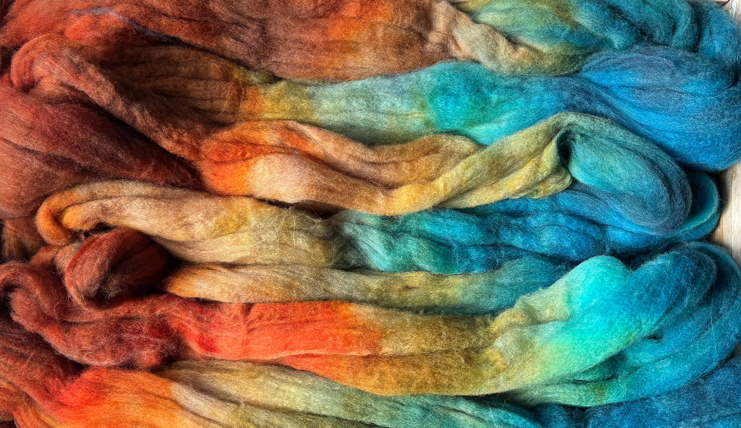 One of a Kind Batch - 100 grams of Spinning Fibre - 80% Superwash Merino Wool/ 20% Nylon - 22.5 Micron - Hand Dyed Combed Top