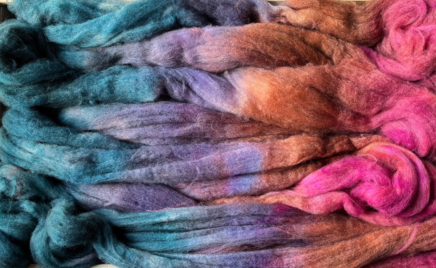 One of a Kind Batch - 100 grams of Spinning Fibre - 80% Superwash Merino Wool/ 20% Nylon - 22.5 Micron - Hand Dyed Combed Top