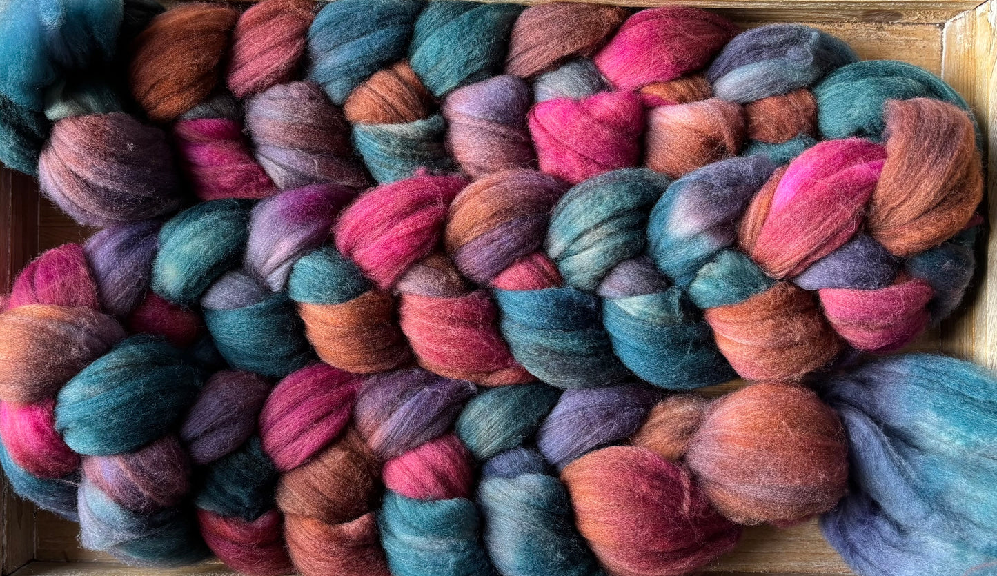 One of a Kind Batch - 100 grams of Spinning Fibre - 80% Superwash Merino Wool/ 20% Nylon - 22.5 Micron - Hand Dyed Combed Top
