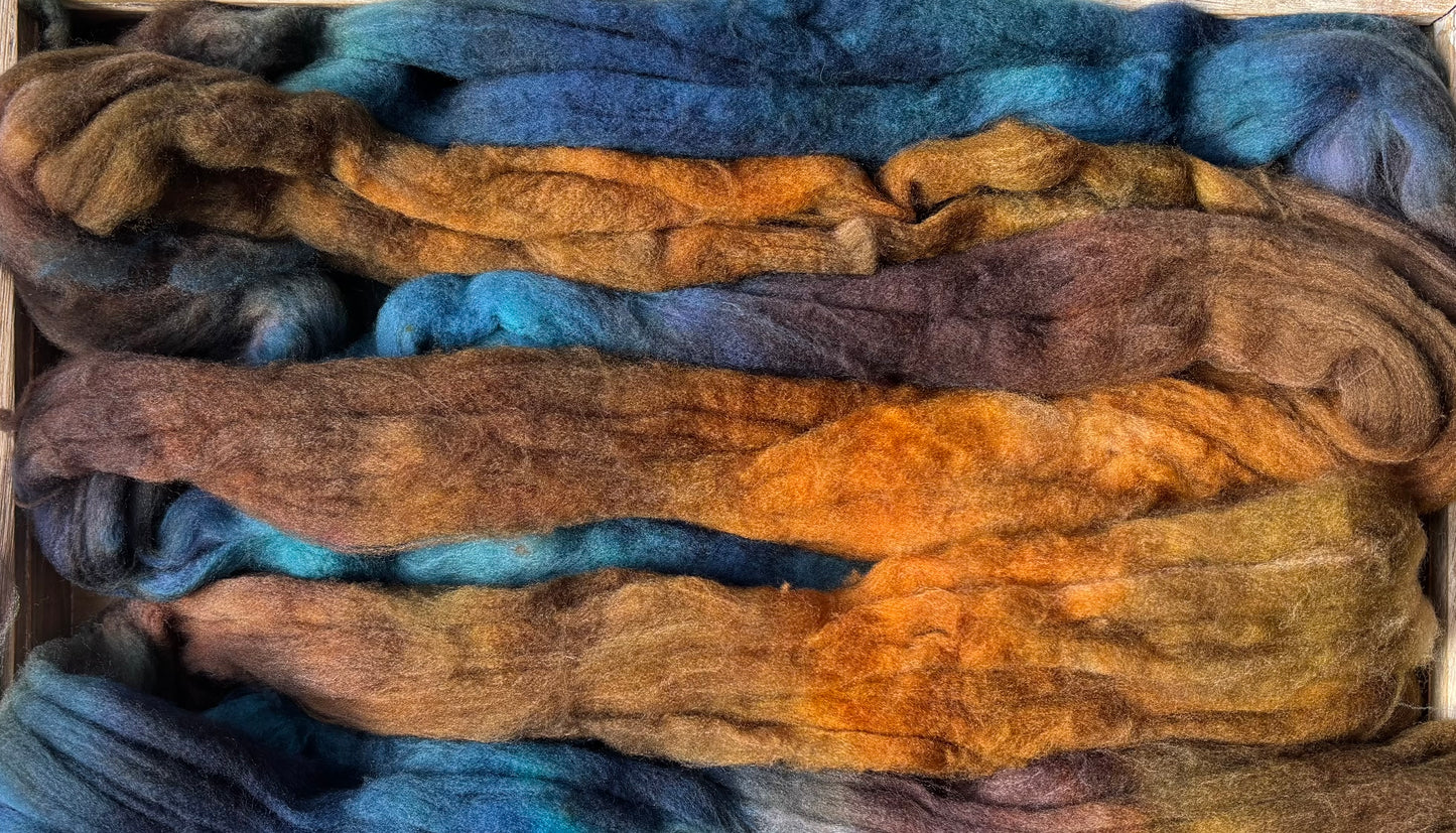 One of a Kind Batch - 100 grams of Spinning Fibre - 80% Superwash Merino Wool/ 20% Nylon - 22.5 Micron - Hand Dyed Combed Top