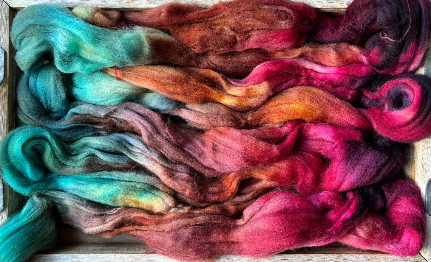 One of a Kind Batch - 100 grams of Spinning Fibre - Superwash Merino Wool 22 Micron - Hand Dyed Combed Top