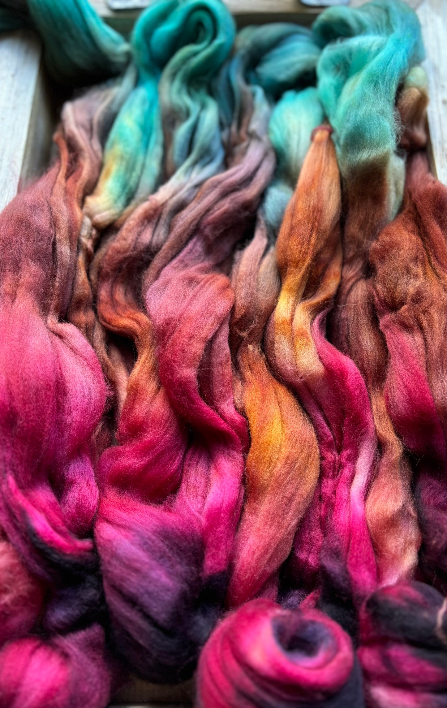 One of a Kind Batch - 100 grams of Spinning Fibre - Superwash Merino Wool 22 Micron - Hand Dyed Combed Top