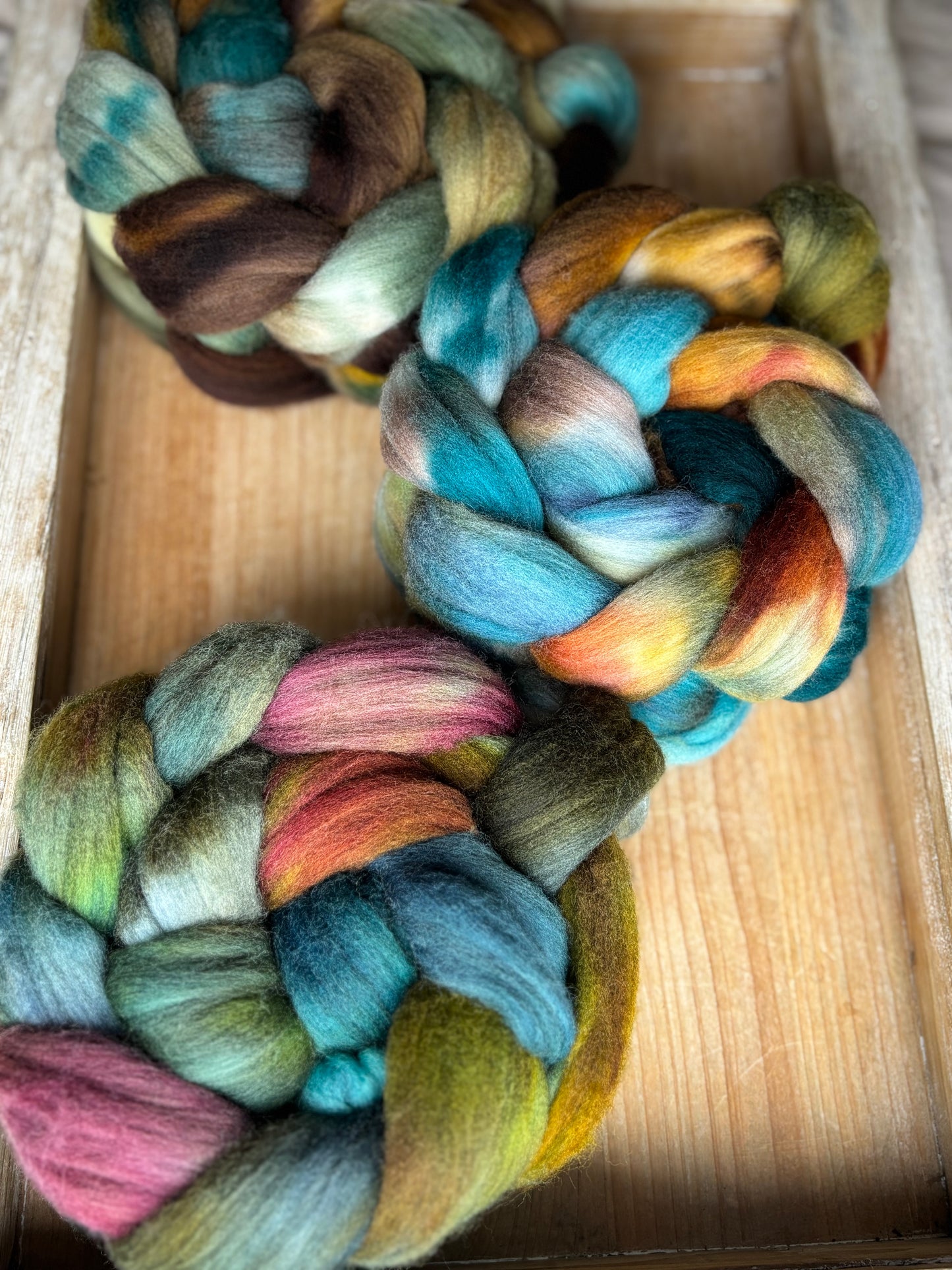 Set of 3 Braids - One of a Kind Batch - 100 grams of Spinning Fibre Each - 100% Targhee - 23 Micron - Hand Dyed Combed Top