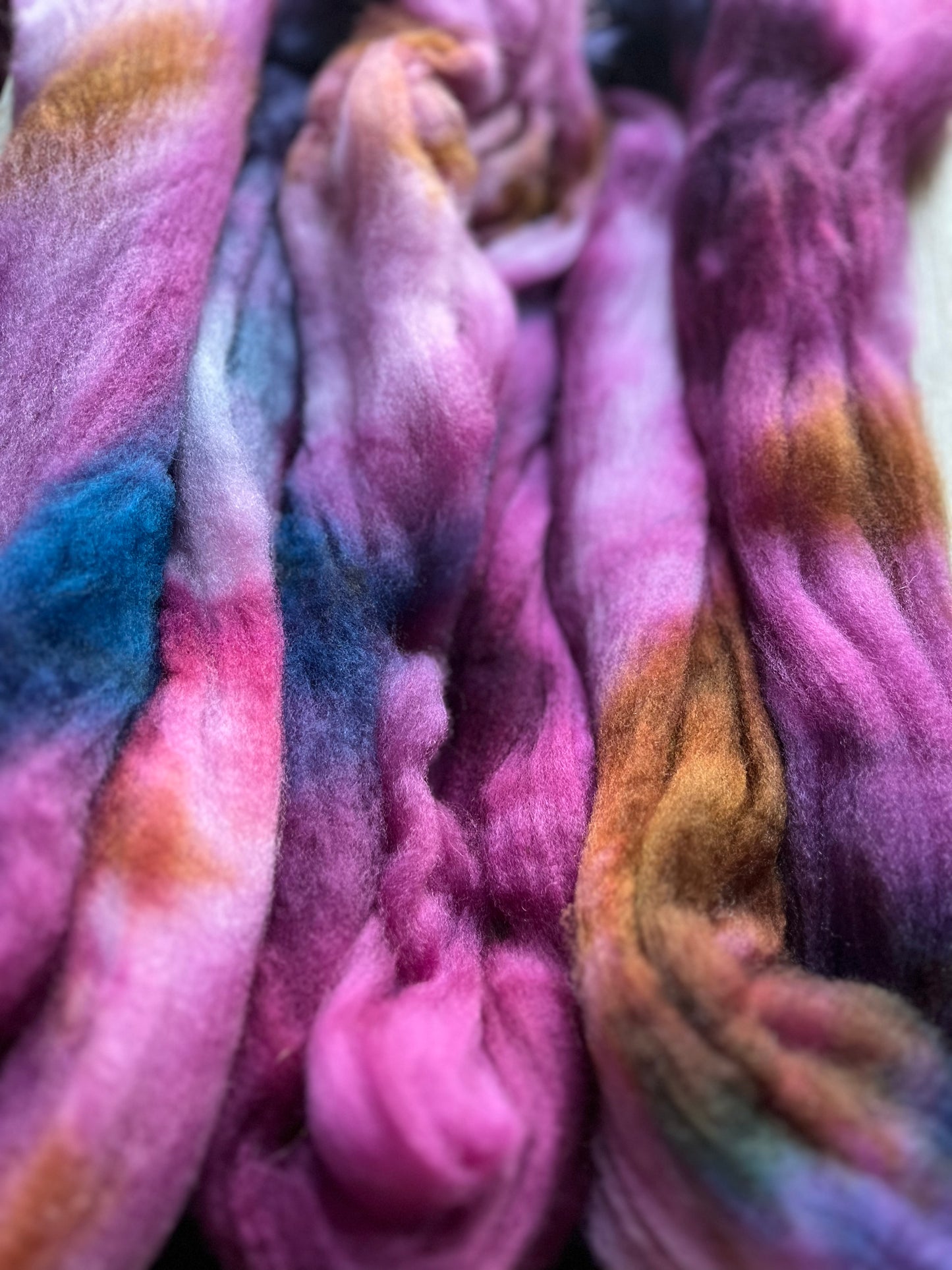 One of a Kind Batch - 100 grams of Spinning Fibre - Superwash Merino Wool 22 Micron - Hand Dyed Combed Top