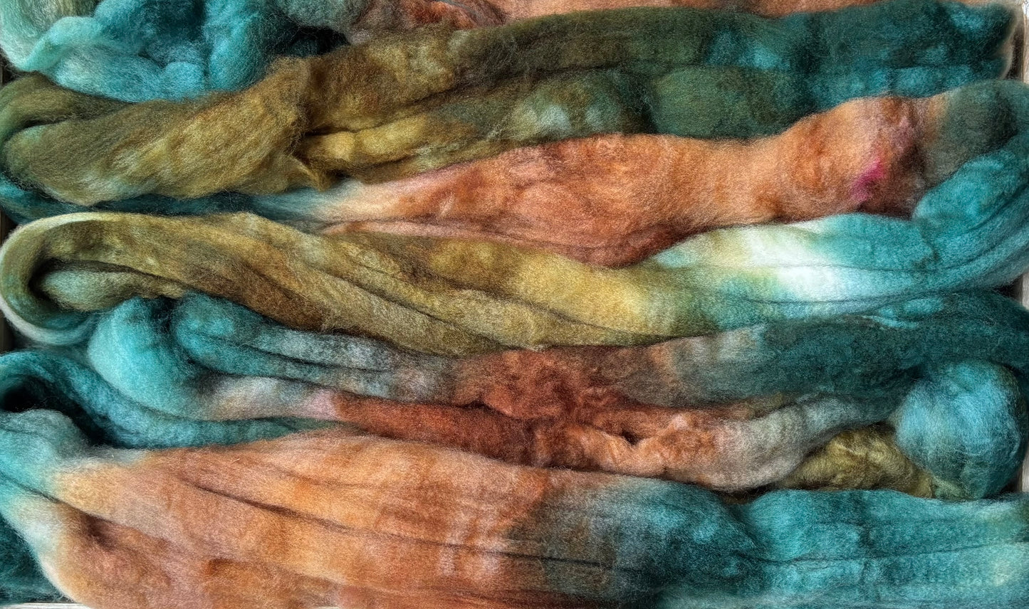 One of a Kind Batch - 100 grams of Spinning Fibre - Superwash Merino Wool 22 Micron - Hand Dyed Combed Top