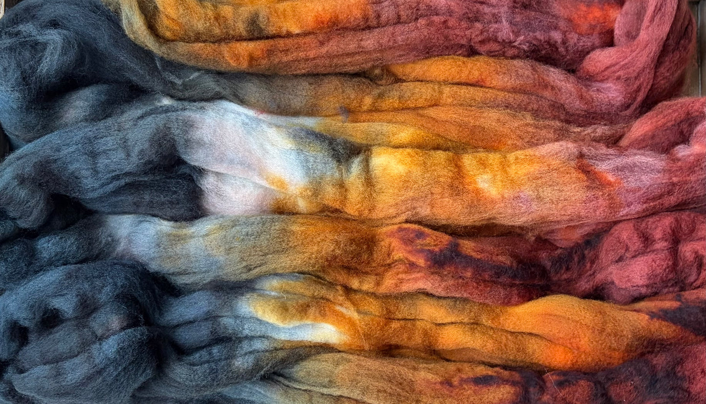 100% Superwash Merino Wool - 22 Micron - One of a Kind Batch - 100 grams of Spinning Fibre - Hand Dyed Combed Top