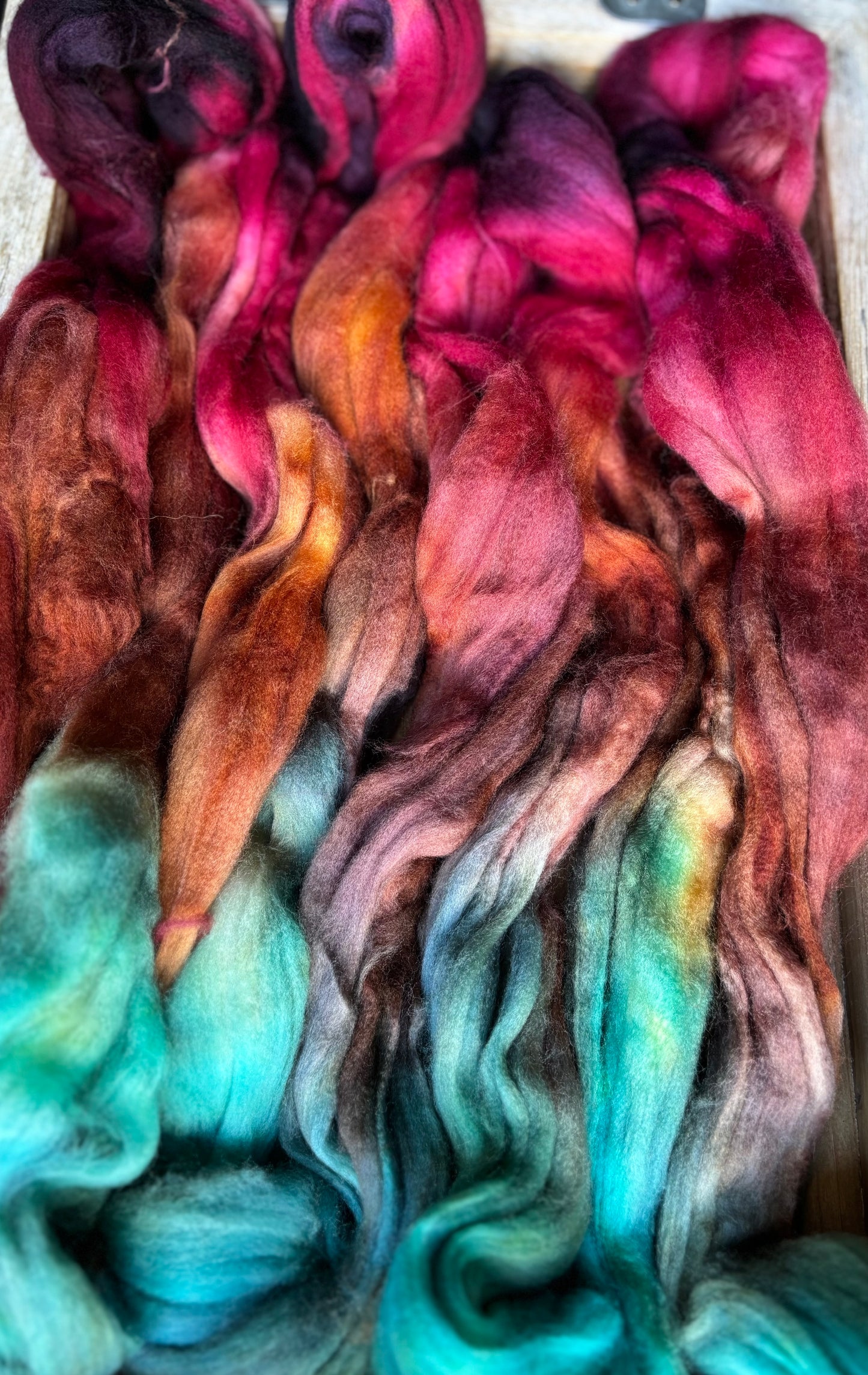 One of a Kind Batch - 100 grams of Spinning Fibre - Superwash Merino Wool 22 Micron - Hand Dyed Combed Top