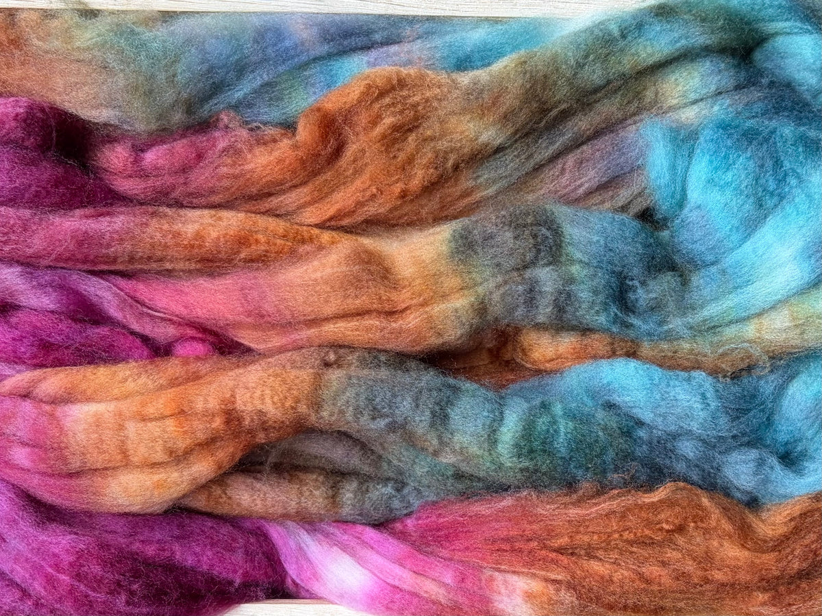 80% Superwash Merino Wool/ 10% Nylon/ 10% Cashmere - 18.5 Micron - One of a Kind Batch - 100 grams of Spinning Fibre - Hand Dyed Combed Top