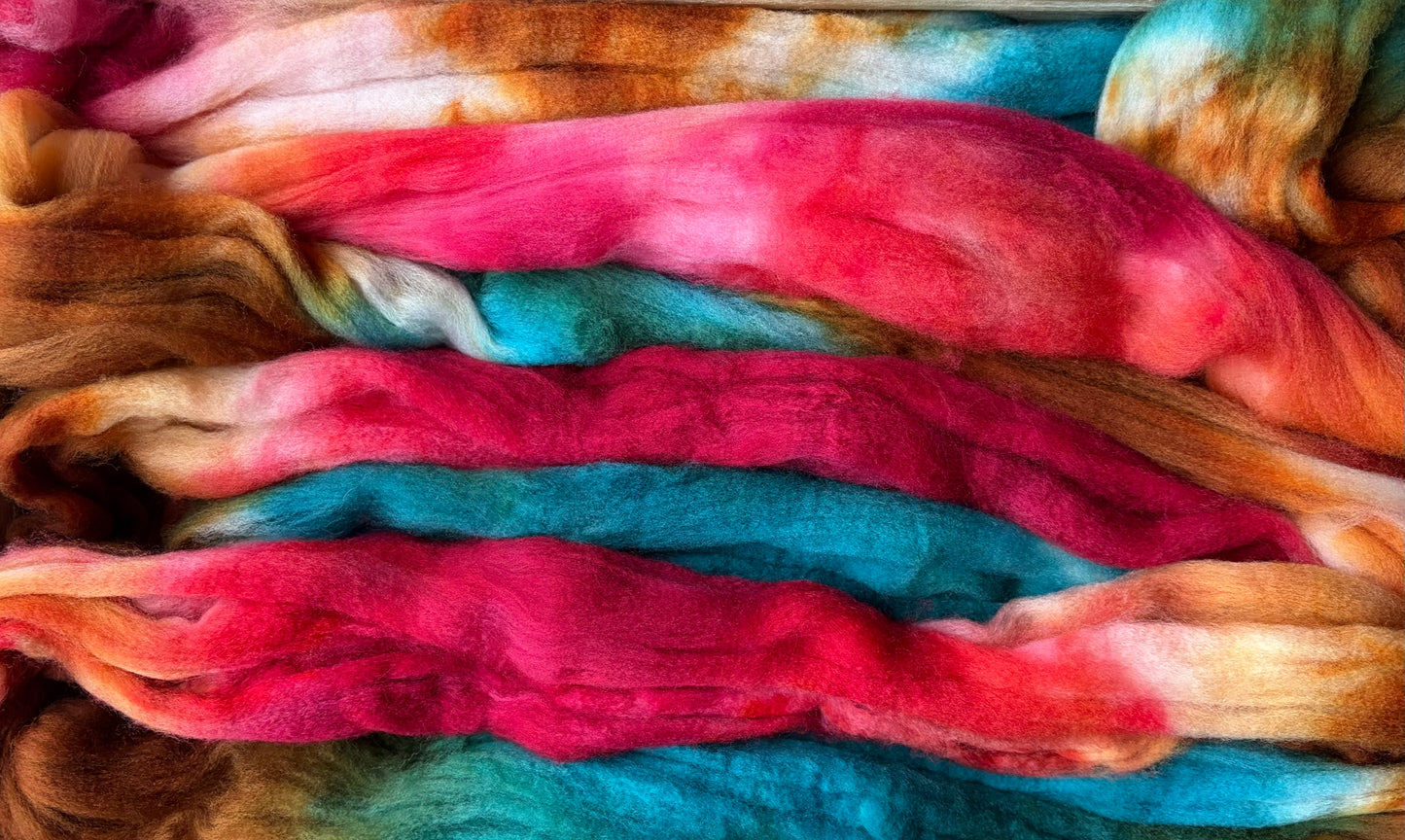 100% Superwash Merino Wool - 22 Micron - One of a Kind Batch - 100 grams of Spinning Fibre - Hand Dyed Combed Top
