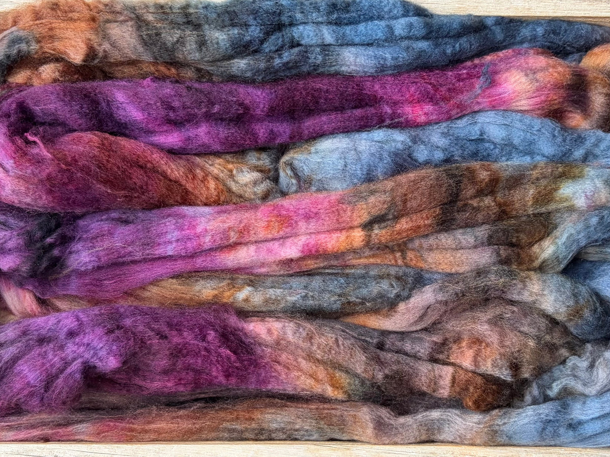 80% Superwash Merino Wool/ 10% Nylon/ 10% Cashmere - 18.5 Micron - One of a Kind Batch - 100 grams of Spinning Fibre - Hand Dyed Combed Top
