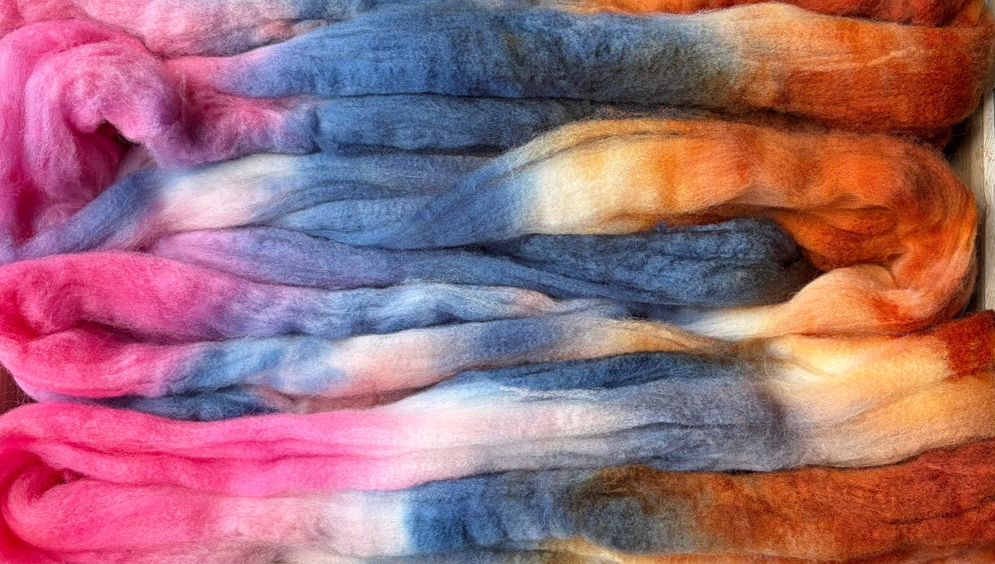 100% Superwash Merino Wool - 22 Micron - One of a Kind Batch - 100 grams of Spinning Fibre - Hand Dyed Combed Top