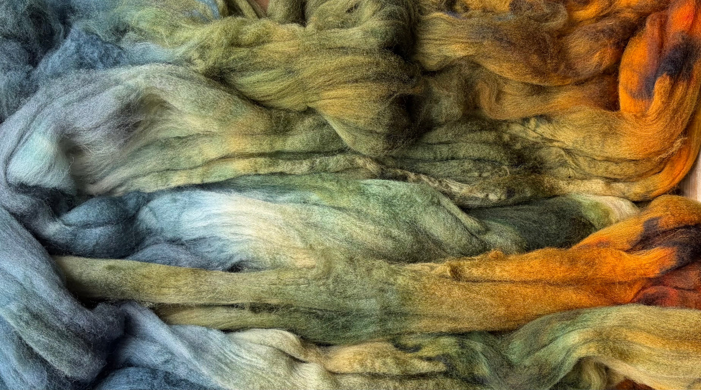 100% Superwash Merino Wool - 22 Micron - One of a Kind Batch - 100 grams of Spinning Fibre - Hand Dyed Combed Top