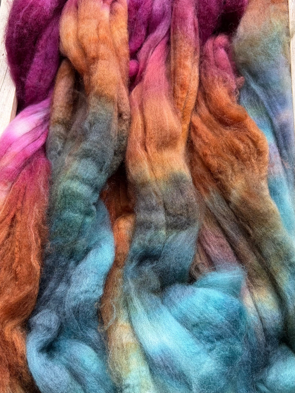 80% Superwash Merino Wool/ 10% Nylon/ 10% Cashmere - 18.5 Micron - One of a Kind Batch - 100 grams of Spinning Fibre - Hand Dyed Combed Top