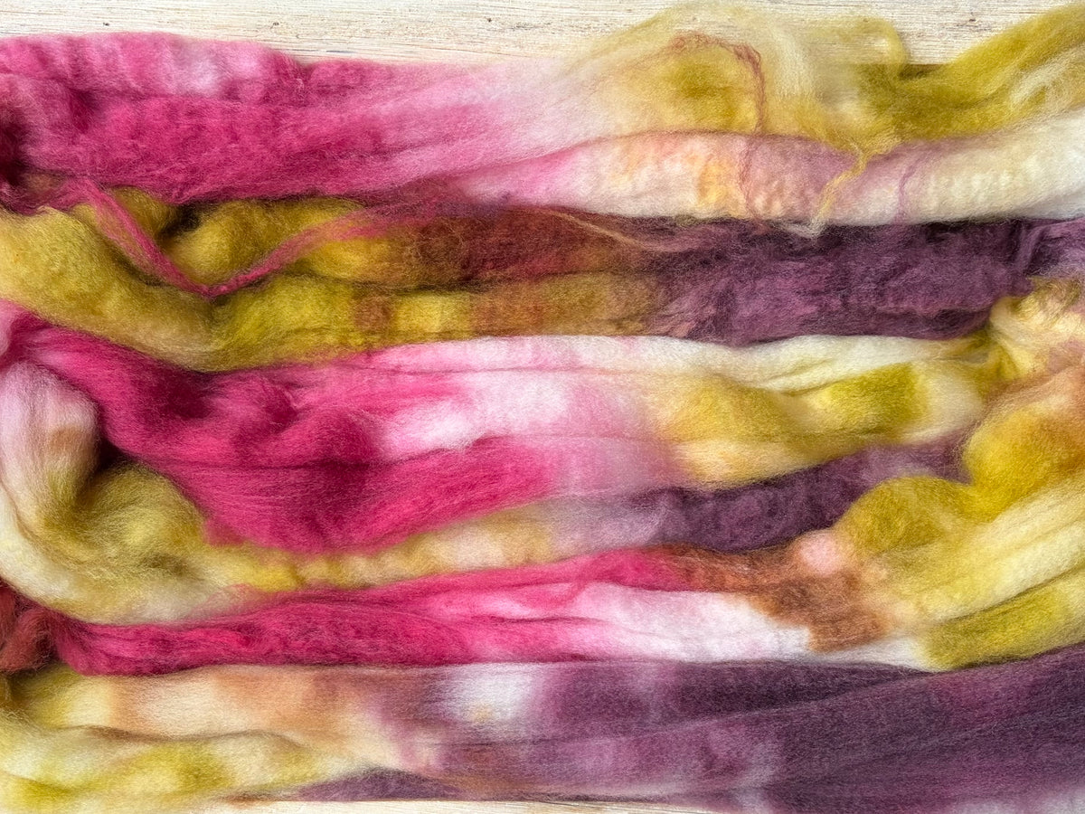 80% Superwash Merino Wool/ 10% Nylon/ 10% Cashmere - 18.5 Micron - One of a Kind Batch - 100 grams of Spinning Fibre - Hand Dyed Combed Top