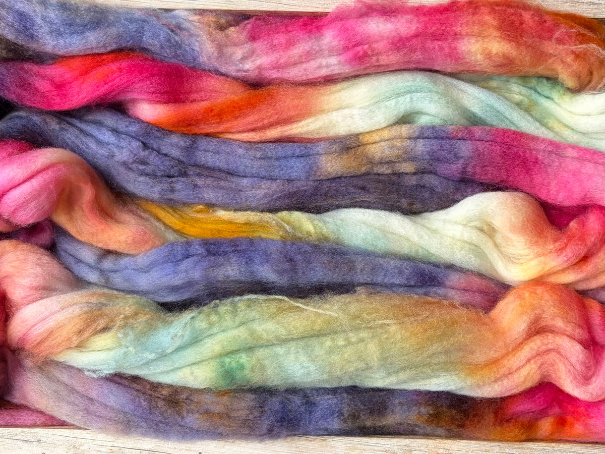 80% Superwash Merino Wool/ 10% Nylon/ 10% Cashmere - 18.5 Micron - One of a Kind Batch - 100 grams of Spinning Fibre - Hand Dyed Combed Top